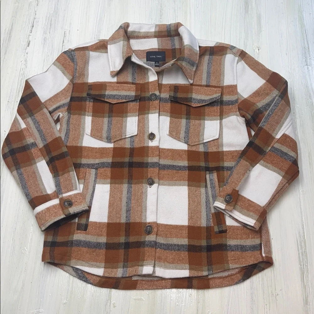 Love Tree Plaid Brown and White Button Up Shacket Sz S
